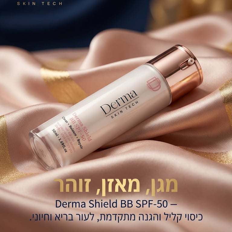 Derma Shield BB SPF-50 מגן, מאזן, זוהר — הגנה גבוהה לשימוש יומיומי עם גוון טבעי ומראה אחיד. מתאים לימים עמוסים: מריחה קלה, תחושת נוחות, וגימור שמרגיש “בדיוק אני”. איך משתמשים? מרחי